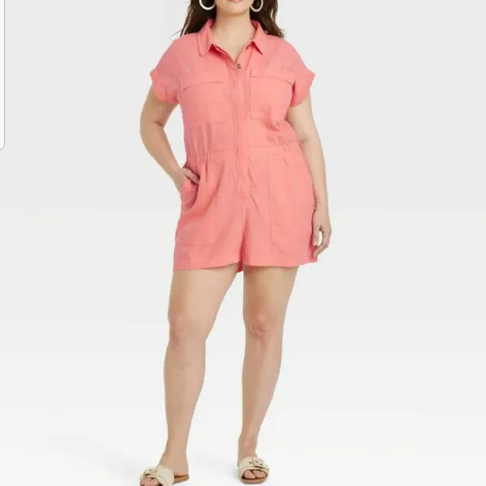 Universal Thread Womens Coral Pink Linen Blend Shortsleeve Romper Shorts Size 14 - Picture 1 of 11
